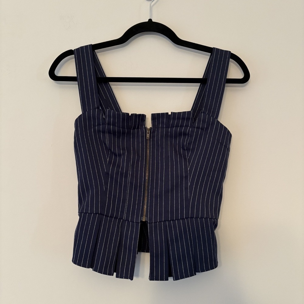 Free People Pin Stripe Zip Front Crop Tank Blue Size XS Stretch Indie Sleeze Y2K